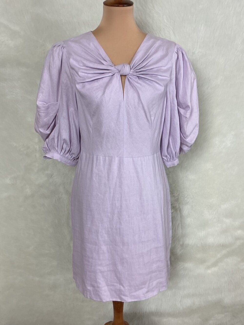Farm Rio Lilac Purple Linen Blend Puff Sleeve Knotted Mini Dress M